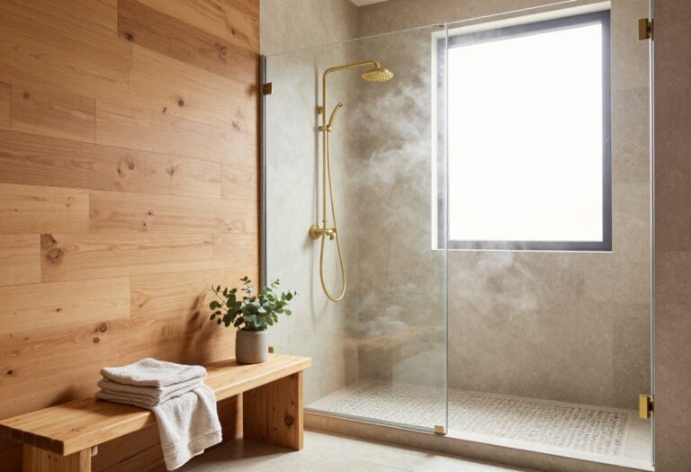 Cozy rustic walk-in shower with a reclaimed wood accent wall, slate tile, glass panel, and warm natural light