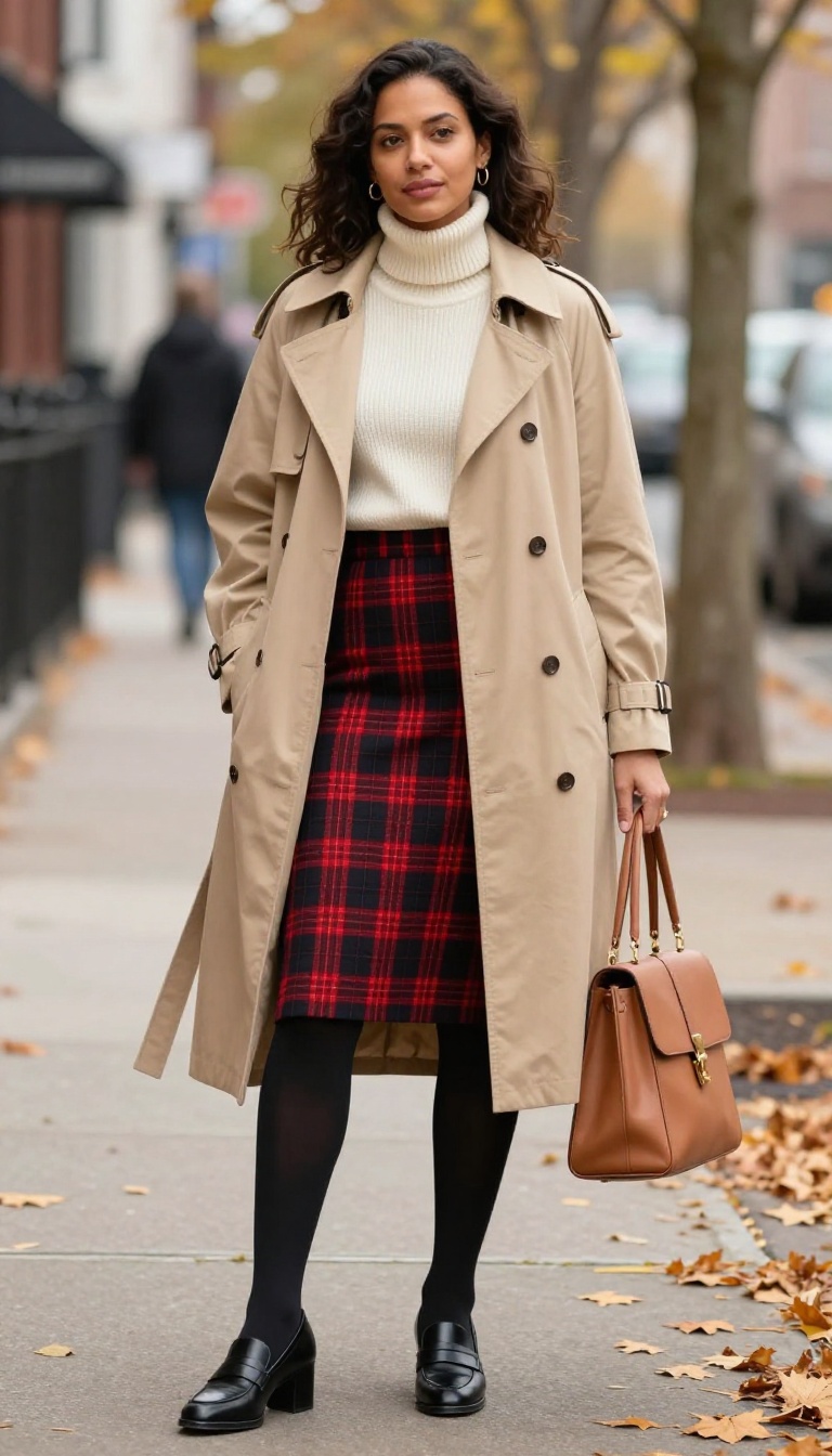 6. Plaid Skirt with Heeled Loafers and a Trench Coat