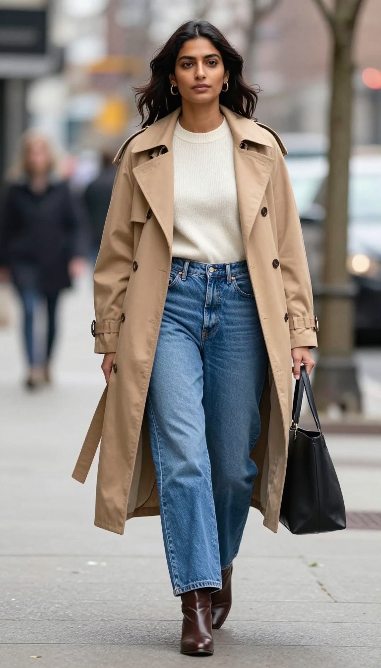 8. High-Waisted Wide-Leg Jeans with a Belted Trench Coat