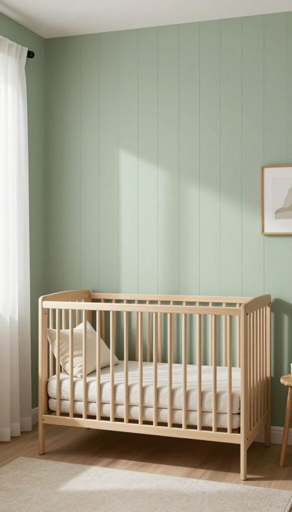 Cozy baby boy nursery with a subtle textured statement wall of vertical wood slats painted soft sage green behind a simple crib, bright natural light, and minimal decor.