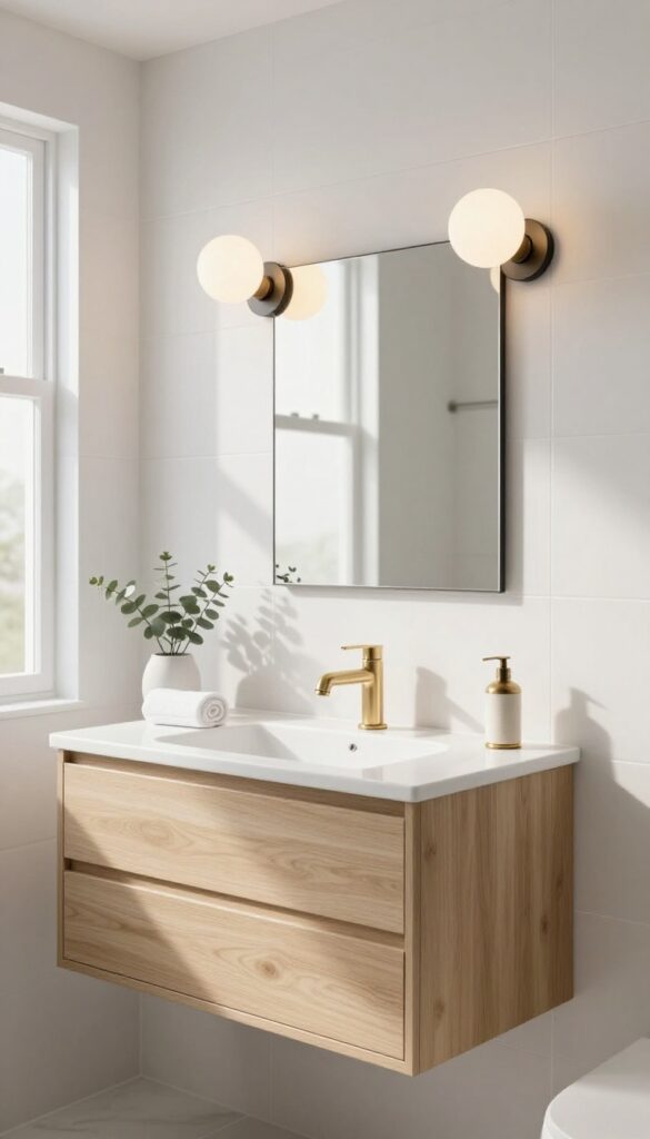 Modern bathroom vanity with a matte black globe light fixture above a mirror, styled with a plant and towel in bright natural light.