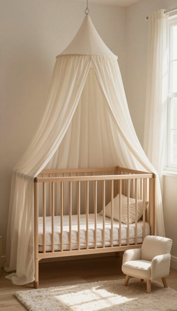 Bright neutral nursery corner with a sheer canopy draped above a wooden crib, creating a soft and cozy baby boy bedroom space