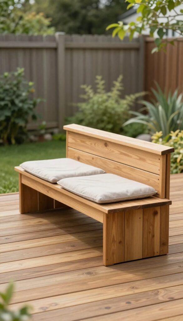 Small backyard low deck with a built-in wooden bench and neutral cushions, surrounded by open walking space and greenery in bright natural light