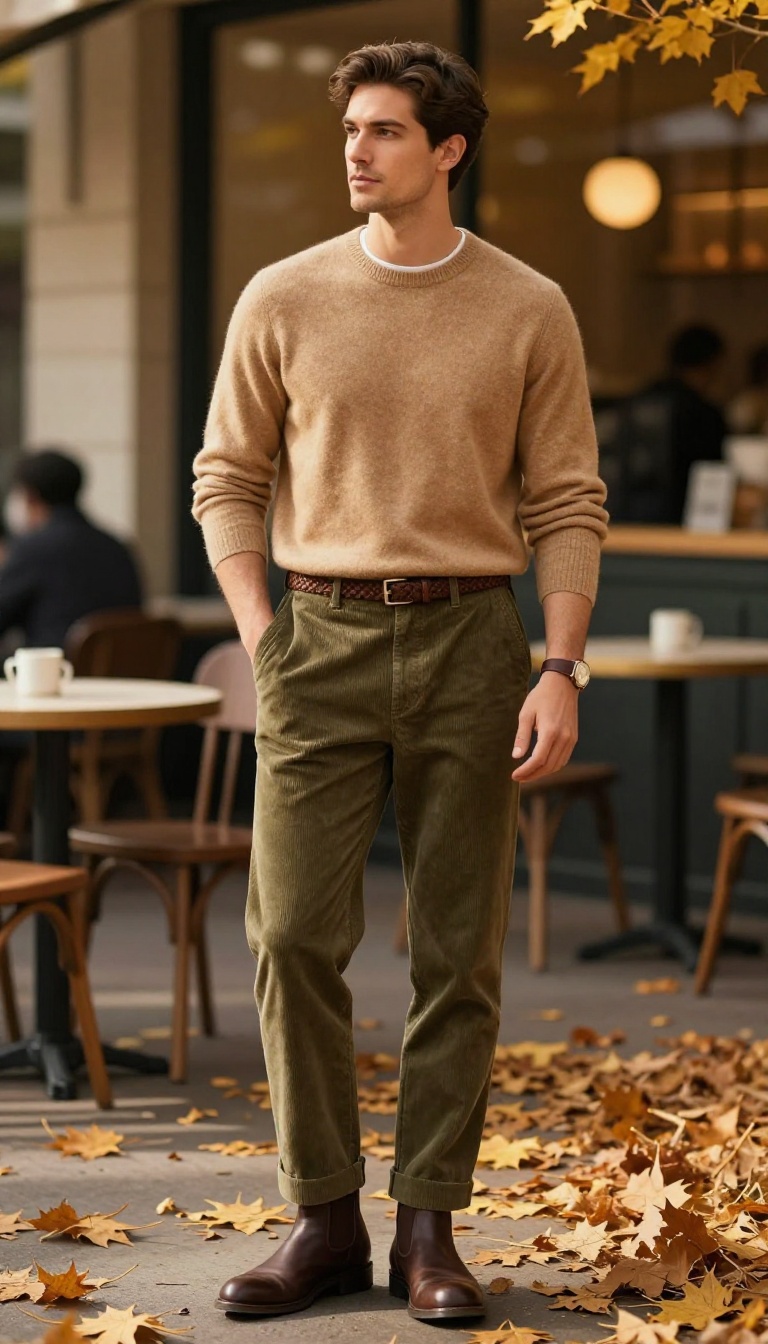 2. The Cashmere Crewneck and Corduroy Pants