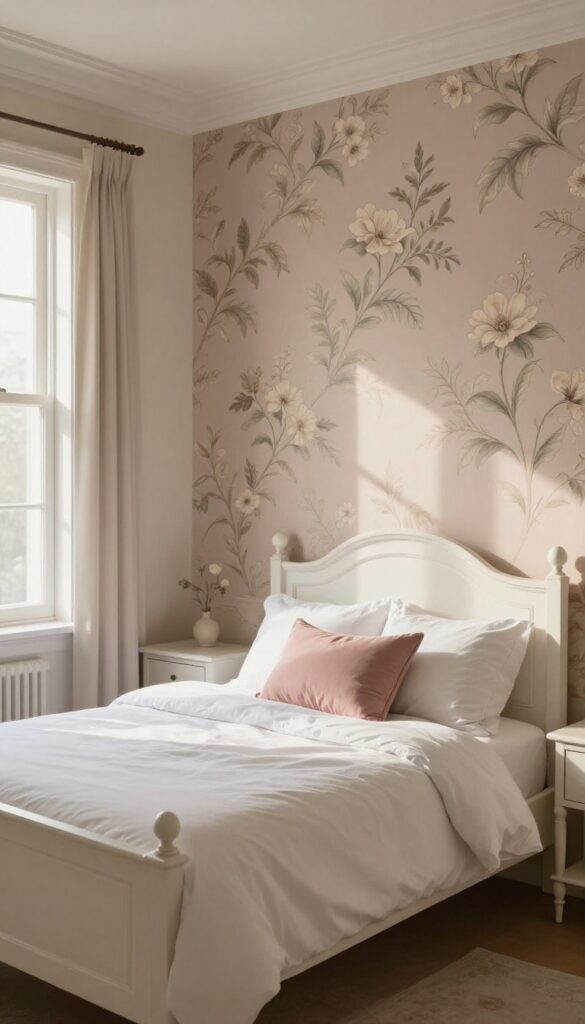 Vintage princess bedroom with a muted dusty rose floral wallpaper accent wall behind a white antique bed, neutral cream walls, and simple white bedding in bright natural light