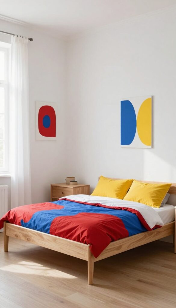 Bright child's bedroom with soft white walls, a wooden bed with red and blue bedding, yellow accent pillows, simple wooden furniture, and framed abstract art in primary colors, lit by natural sunlight.
