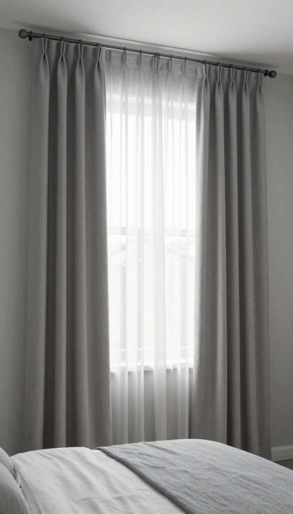 Floor-length grey curtains in a bright grey bedroom with natural light filtering through soft fabric, styled with a simple modern rod and layered sheer panels.