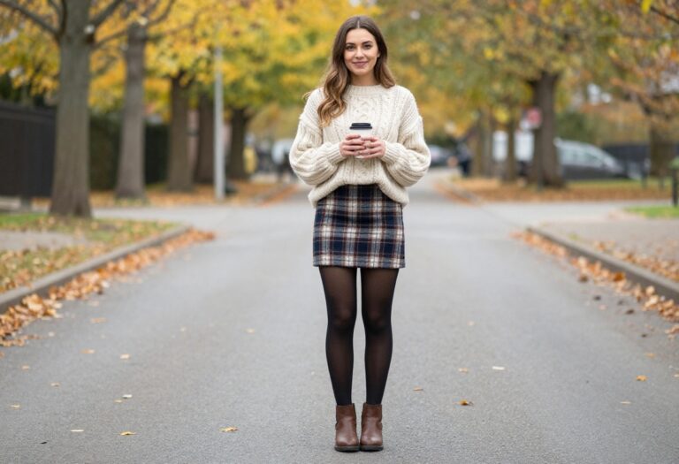 Woman wearing a plaid Brandy Melville mini skirt with a cable-knit sweater, tights, and ankle boots on an autumn street.
