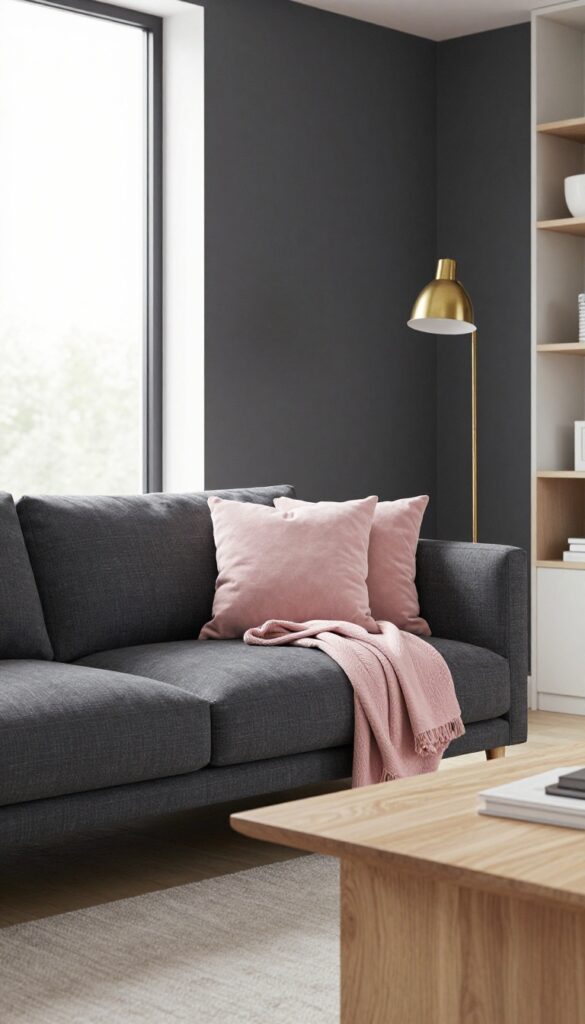 Bright modern living room with a charcoal gray sofa, blush pink pillows and throw, light oak coffee table and shelving, and white walls in natural daylight.
