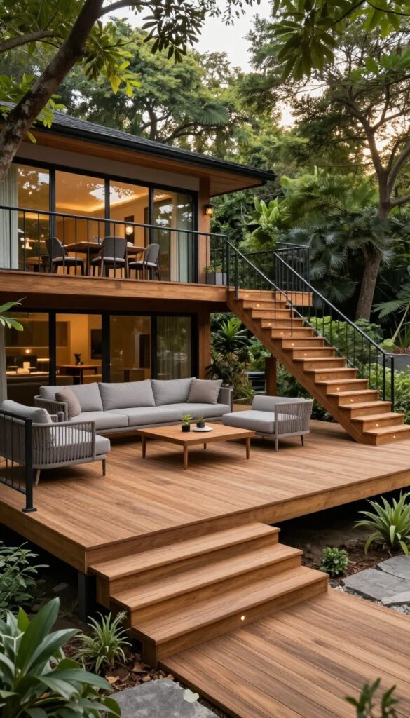 Multi-level elevated wooden deck with dining area on the upper tier and lounge seating below, connected by wide steps with edge lighting, set into a sloped green backyard in bright daylight
