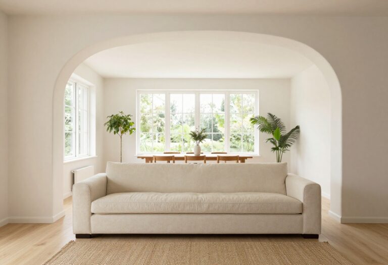 Bright living room with a smooth white drywall archway opening into a dining area, styled with a cream sofa, plants, and natural light