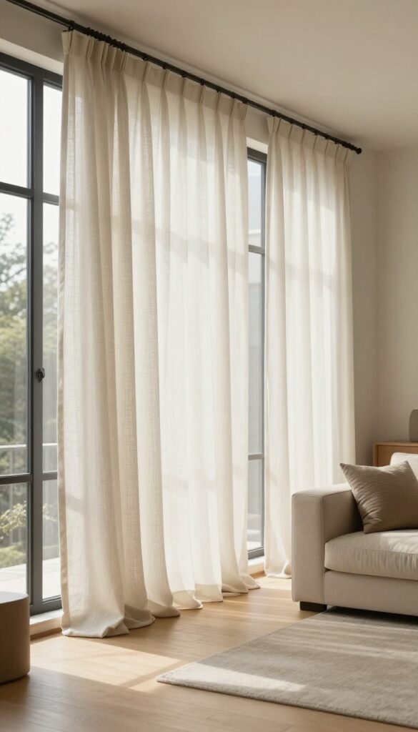 Bright living room with floor-length ivory linen curtains hung high and wide above tall windows, letting in natural light and making the space feel taller and more elegant