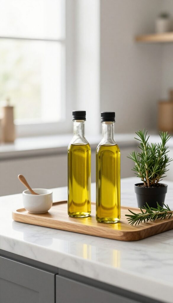 Long wooden tray on a marble kitchen island holding two glass oil bottles, a salt cellar, a pepper grinder, and a small potted rosemary plant in bright natural light