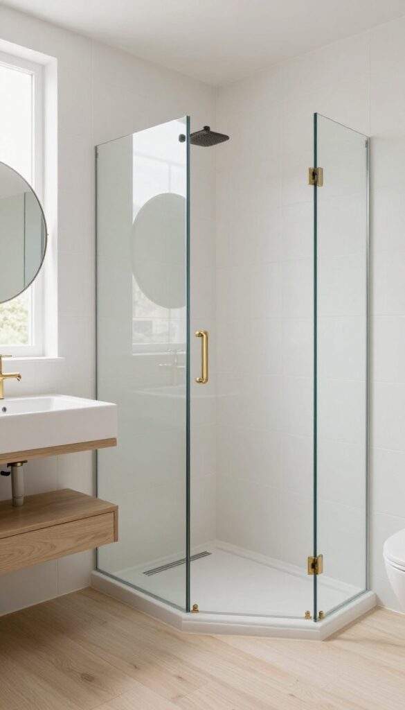 Bright small bathroom with a doorless walk-in shower enclosed by a single fixed glass panel, white tiles, natural light, and an open airy layout.