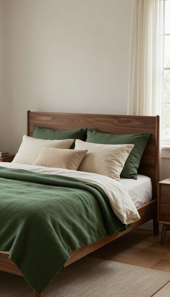 Cozy earthy bedroom with a dark wood bed frame layered in moss green blankets and neutral cream pillows in bright natural light