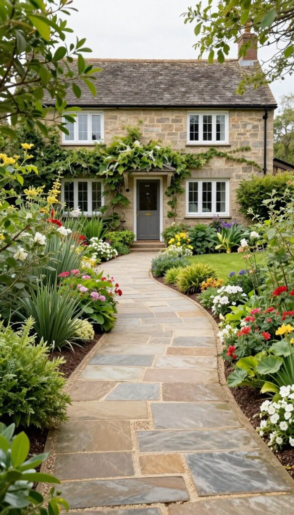 Curved natural stone walkway winding through lush layered garden beds toward a cottage front door in bright natural light