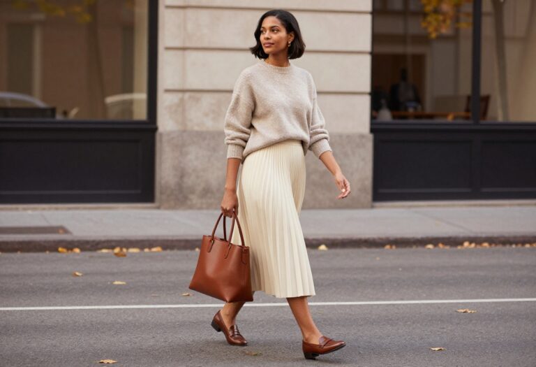 Woman wearing a cream pleated midi skirt and cashmere sweater, walking on a city street in autumn.