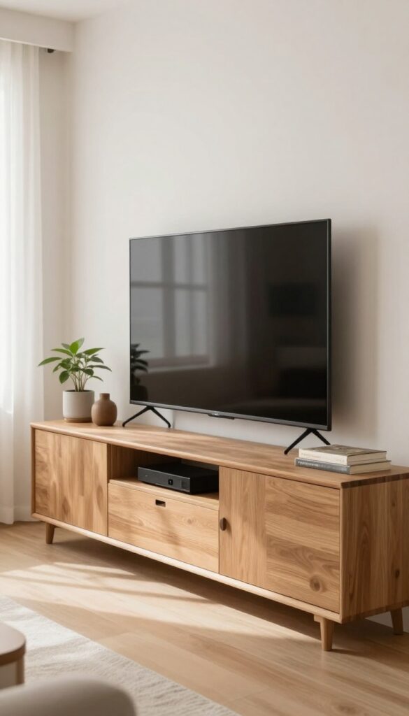 Modern living room entertainment center with closed flat-front cabinets hiding media equipment and clutter, styled with a plant and books in bright natural light