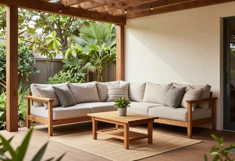Cozy under-deck patio lounge with sectional sofa, outdoor rug, and string lights beneath a wooden deck