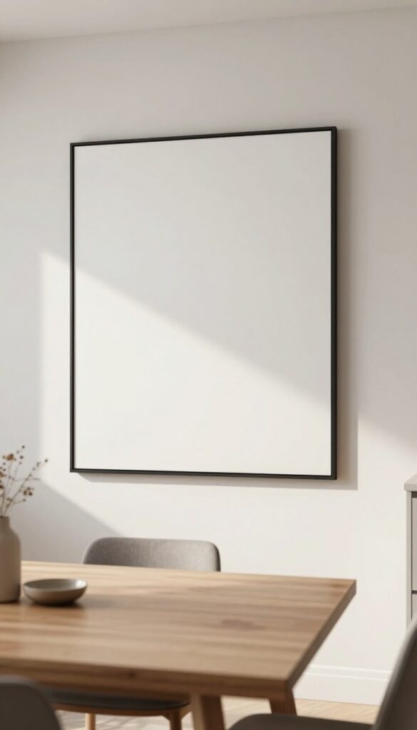 Bright modern kitchen with an oversized framed abstract artwork on a large blank wall above a wooden table, filling the space intentionally.