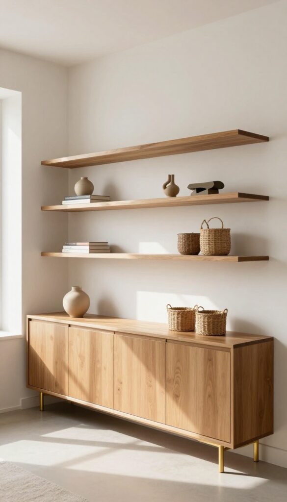 Bright modern living room with a seamless built-in storage wall blending closed cabinets and minimal floating wood shelves styled with a few decor objects and woven baskets.
