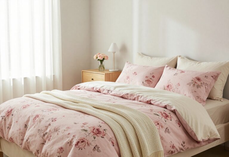A softly lit bedroom with dusty pink vintage rose floral bedding, ivory sheets, a textured throw blanket, and a simple nightstand with pale pink roses in bright natural light.