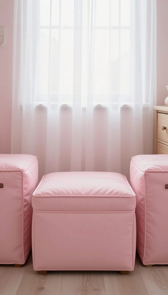 Soft pink storage ottoman and matching fabric bins blending into a bright princess-themed bedroom corner with natural light
