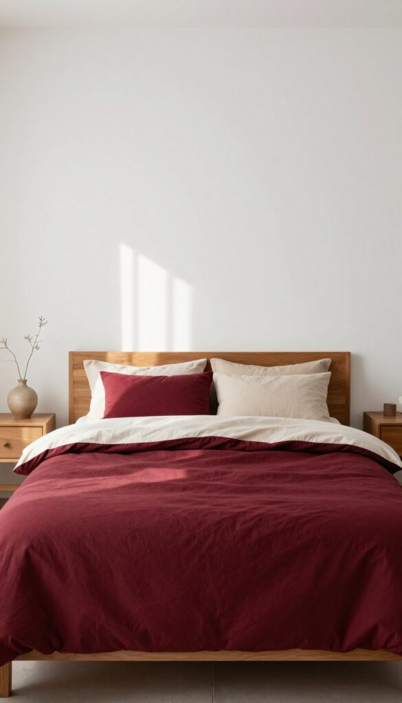 Bed dressed in solid deep burgundy bedding with light linen sheets and neutral pillows in a bright minimal bedroom