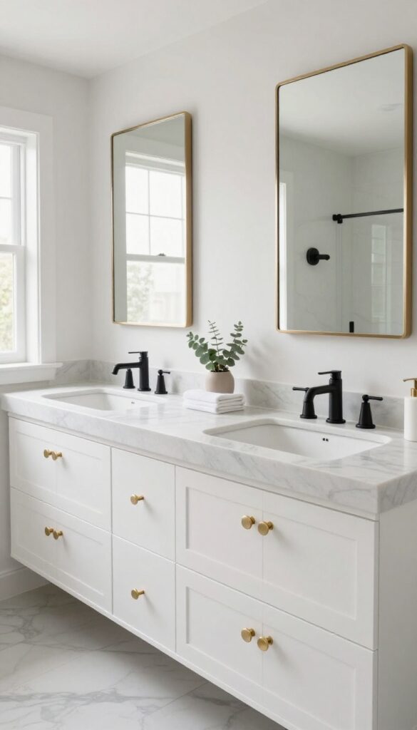 Bright luxury double sink bathroom vanity with mixed metal finishes, matte black faucets, champagne bronze mirror frames, and custom brass cabinet hardware on light oak cabinetry.