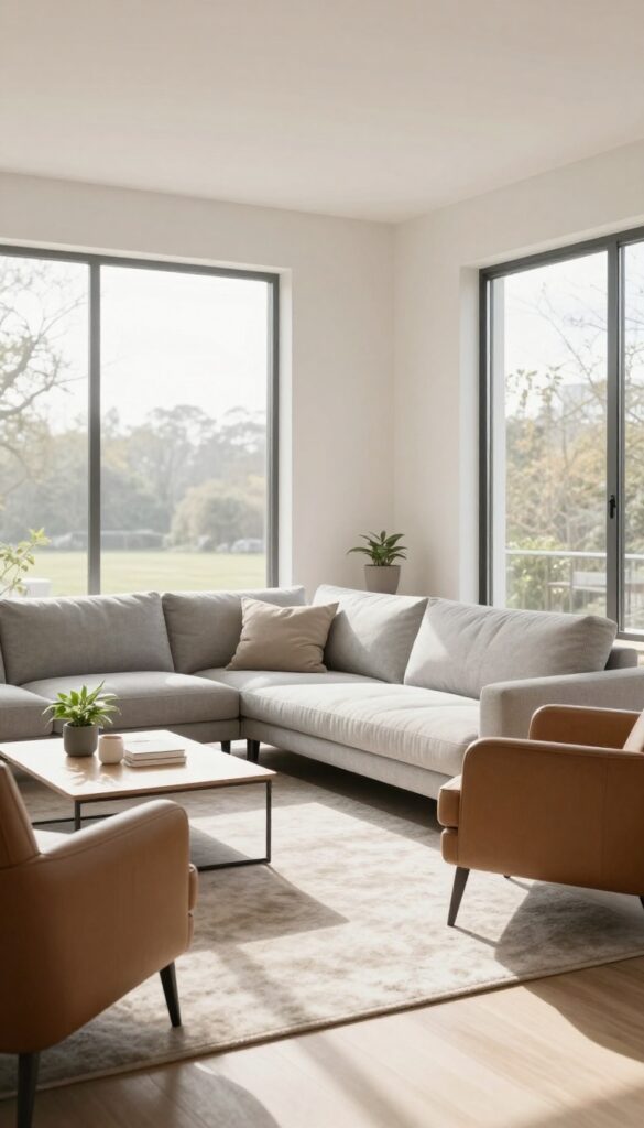 Bright living room with a light gray sectional sofa paired with two accent chairs angled toward each other on a soft rug, creating an open and social seating layout.