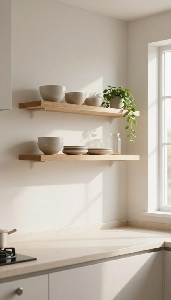 Bright modern kitchen with two floating wooden shelves above a light countertop, styled with ceramic dishes and a small trailing plant in natural daylight