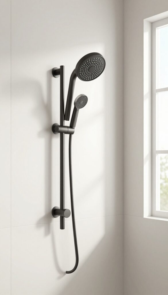 Minimalist shower with a compact matte black showerhead and simple control in a bright, clean bathroom