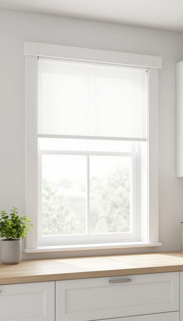 Bright kitchen window framed by a slim white DIY wood valance with natural light and white cabinets