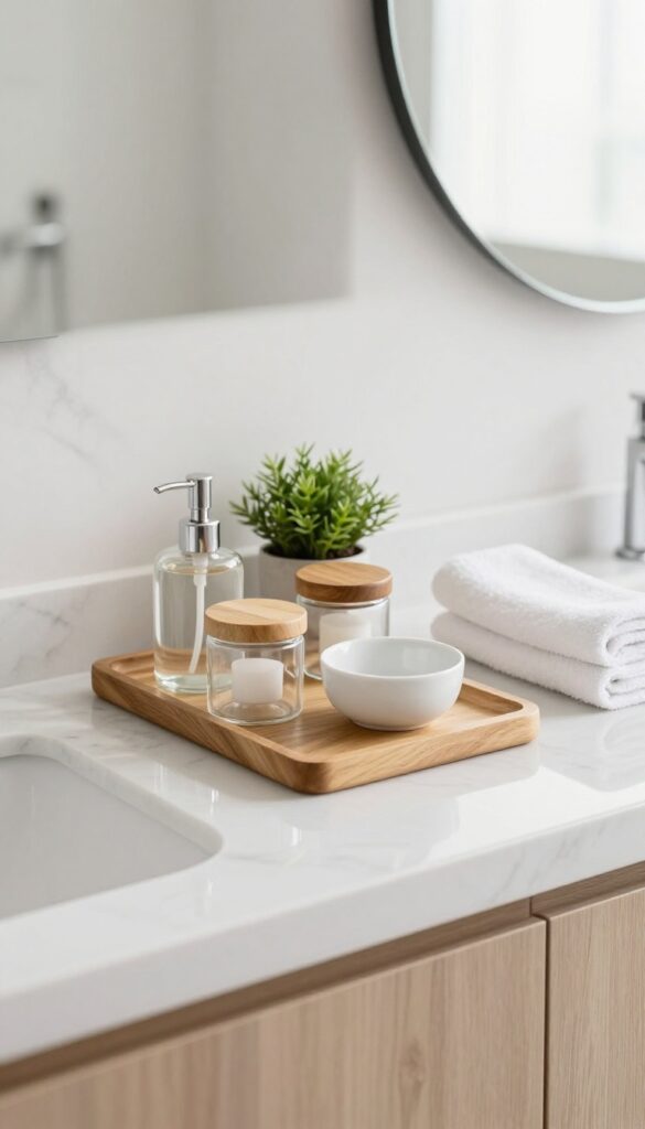 Bright bathroom vanity styled with a wood tray, glass jars, soap dispenser, and a small plant for a clean designer look