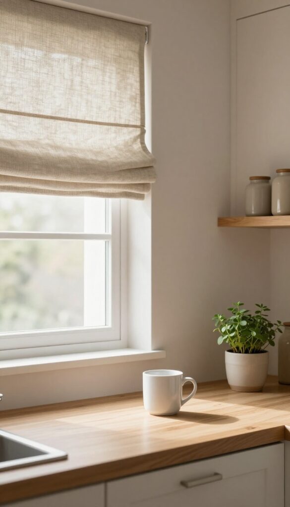 A cozy bright kitchen window with a soft neutral linen roman shade raised halfway, letting in natural light above a light wood counter with a mug and small potted herb.