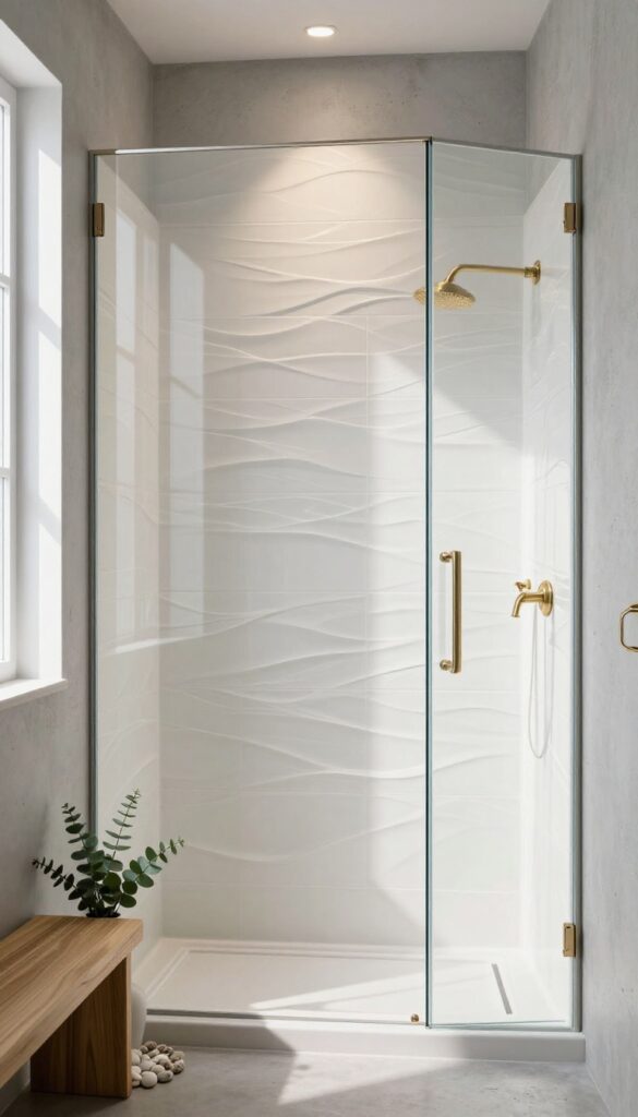 Bright modern shower with a subtly textured white statement wall, glass enclosure, brass fixtures, and a small eucalyptus plant on a pebble floor