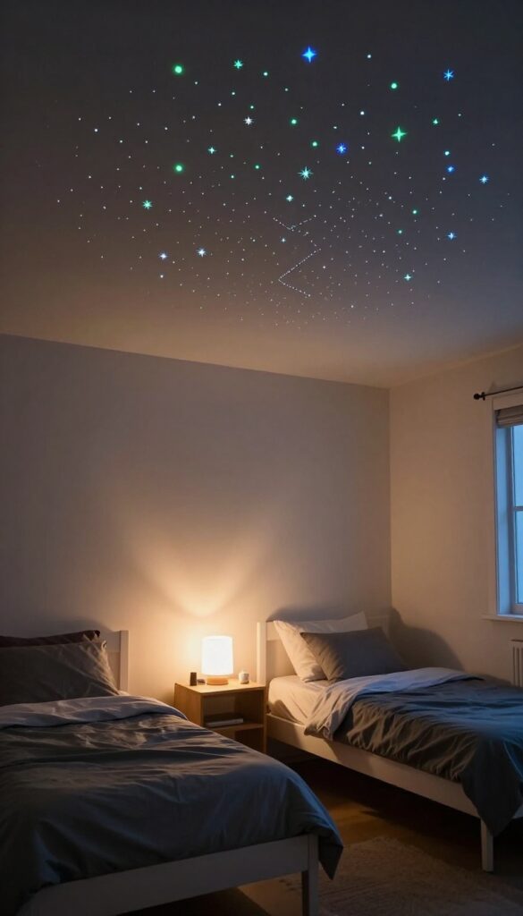 Boys' shared bedroom at night with glowing green and blue star and planet decals scattered across the ceiling above two twin beds