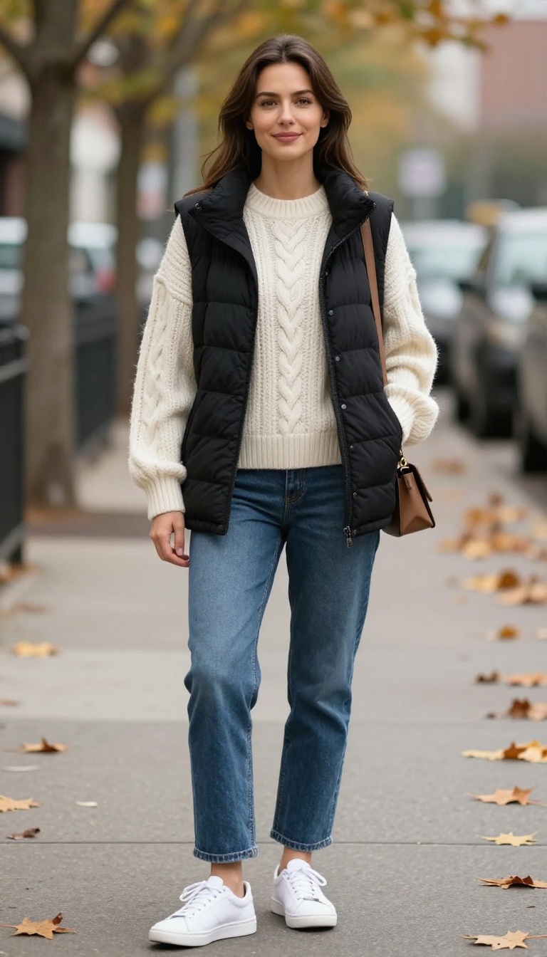 8. Quilted Vest with a Cable-Knit Sweater