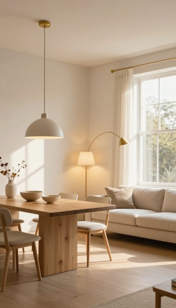 Bright open concept living and dining room with layered lighting, including a pendant over the dining table, a floor lamp by the sofa, and a table lamp in a corner, creating cozy visual zones in warm natural light