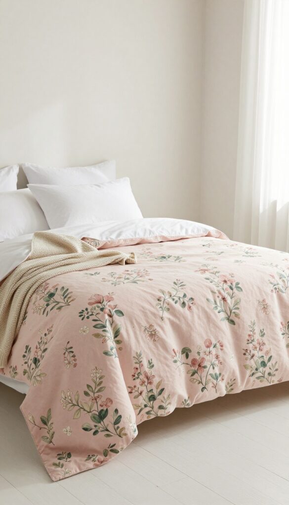 Bright bedroom with a soft pink and sage green floral duvet cover, white pillowcases, and a neutral knit throw in natural light