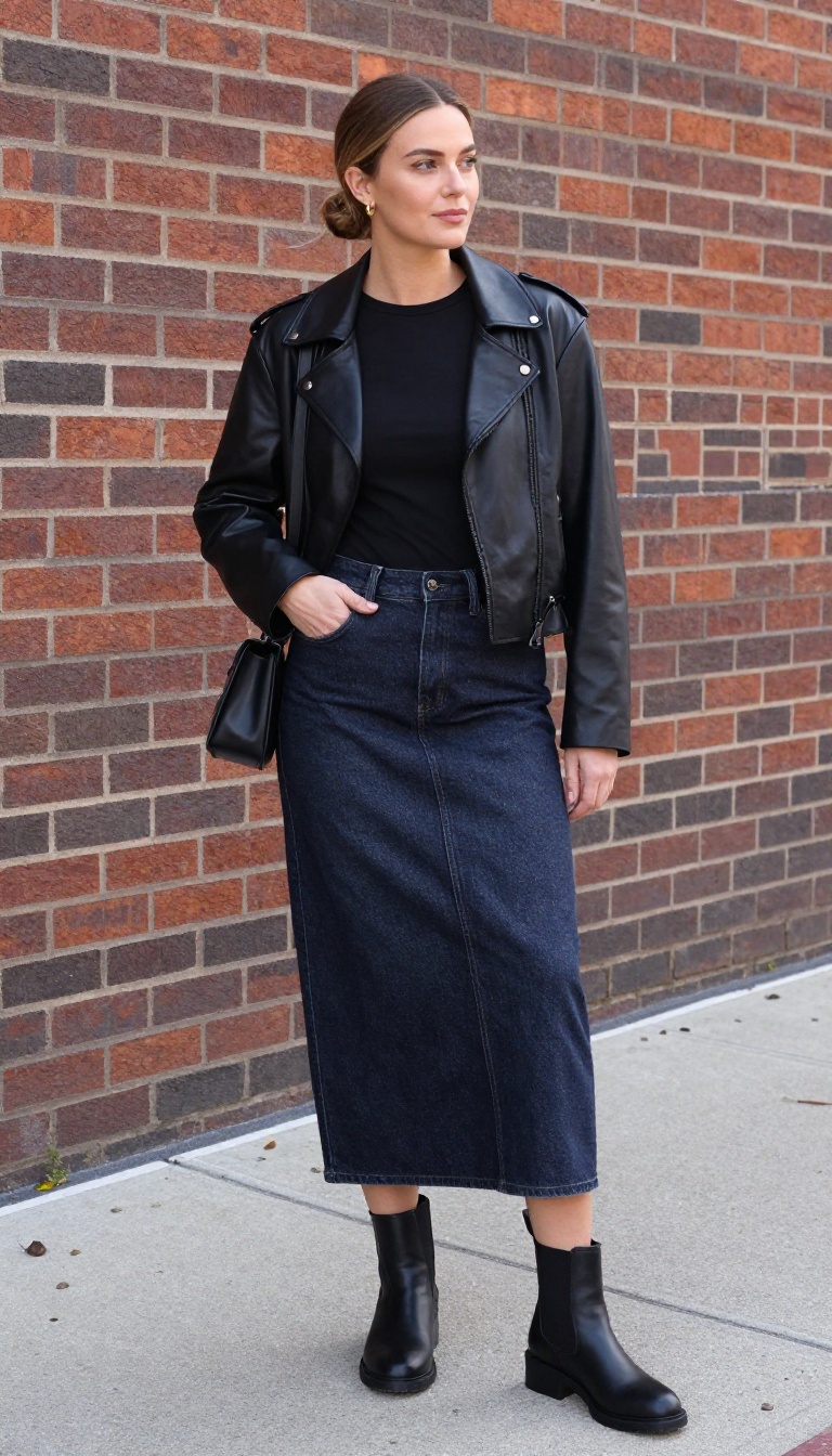 3. Denim Skirt with Heeled Chelsea Boots and a Leather Jacket