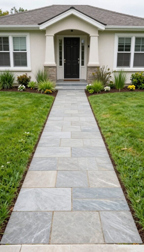 Small front yard with a defined stone paver entry path bordered by clean edging, neat lawn, and tidy plantings leading to the front door