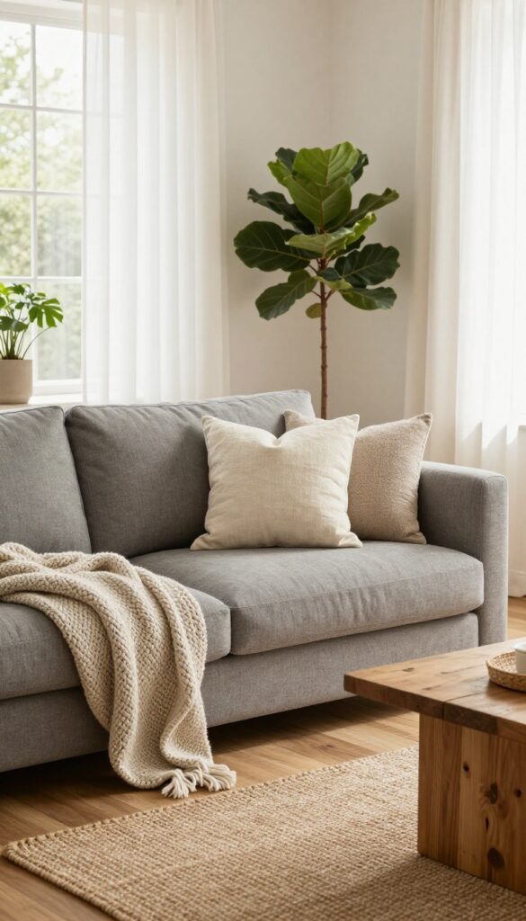 Bright neutral living room with a light greige fabric sofa layered with linen, boucle, and knit textures, a jute rug, wooden coffee table, and a potted plant in natural light