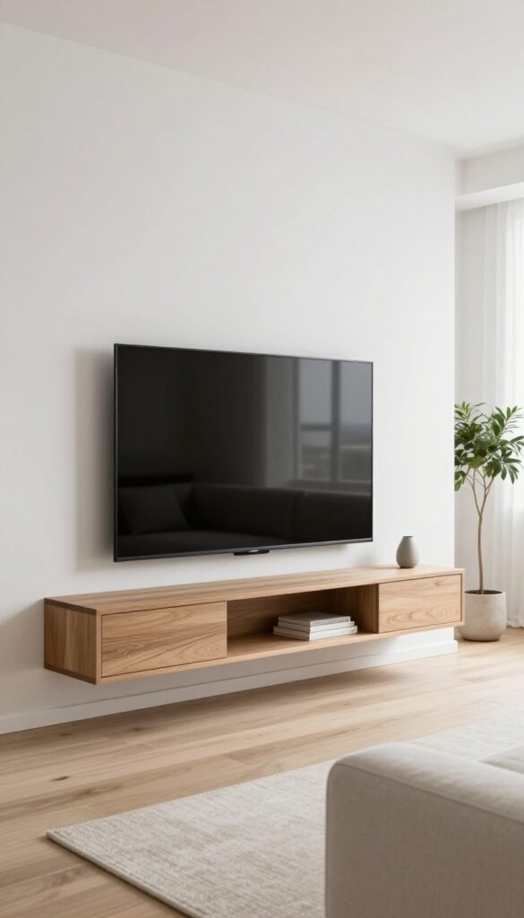 Floating wood media console mounted on a bright white wall beneath a flat-screen TV in a clean minimalist living room with open floor space underneath and natural daylight.