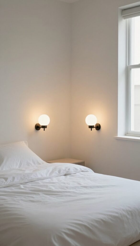 Small bedroom with slim black wall sconces mounted beside the bed, warm glowing bulbs, and a clear clutter-free nightstand in bright natural light