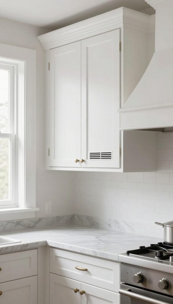 Traditional kitchen with a white cabinet-integrated range hood cover blending seamlessly into matching upper cabinetry above the stove, bright natural light and clean uncluttered counters.