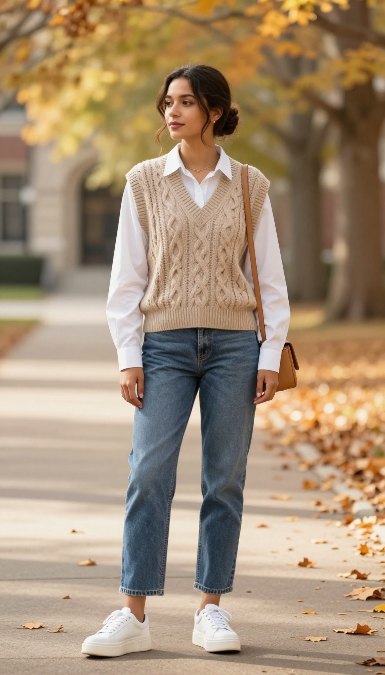 10. Chunky Knit Vest Over a Collared Shirt and Mom Jeans