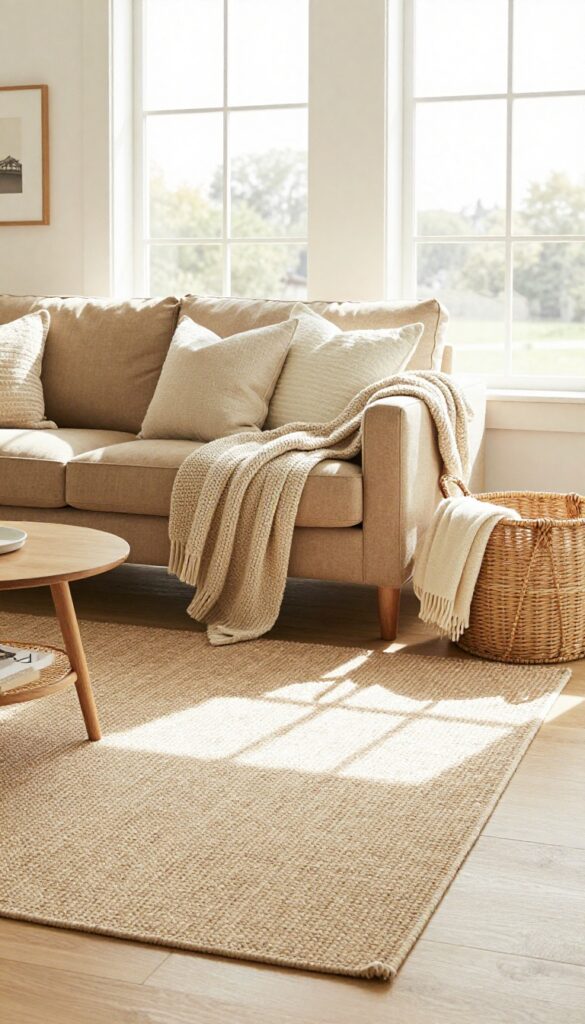 Cozy tan living room with a textured jute rug, chunky knit throw on a linen sofa, woven basket, and boucle pillows in bright natural light