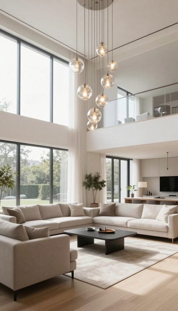 Modern living room with a cluster chandelier of multiple glass globe pendants hanging at different heights above a seating area, bright natural light, open concept high ceiling space.