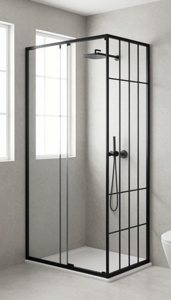 Modern bathroom shower cubicle with slim black grid-framed clear glass panels against pale gray tile in bright natural light